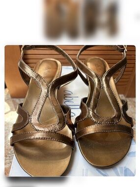 Metallic Bronze Women's T-Strap Sandals with Ankle Buckle